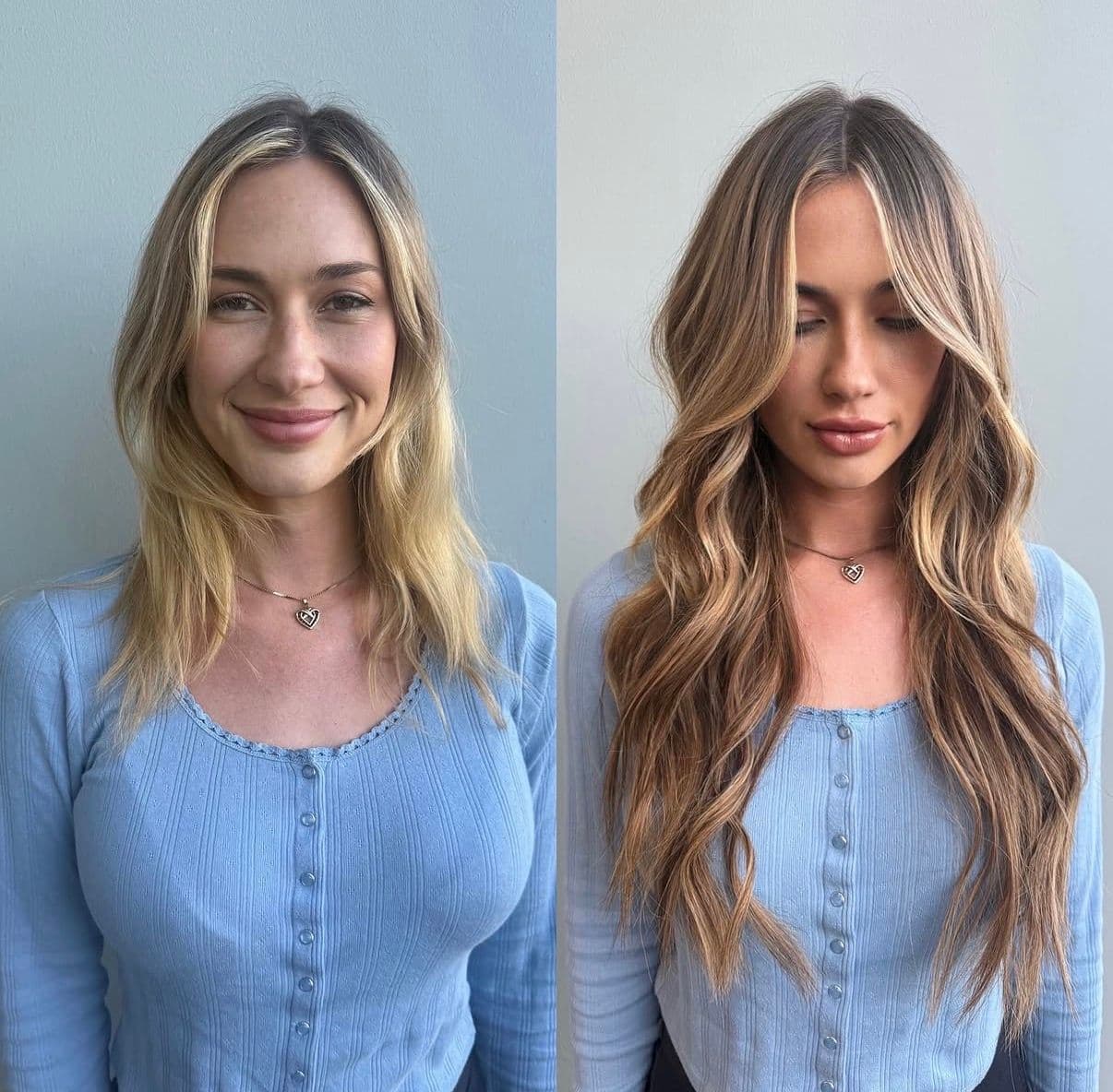 Before and after hand-tied extensions adding length and dimension